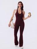 Burgundy Backless Flared Sport Jumpsuit