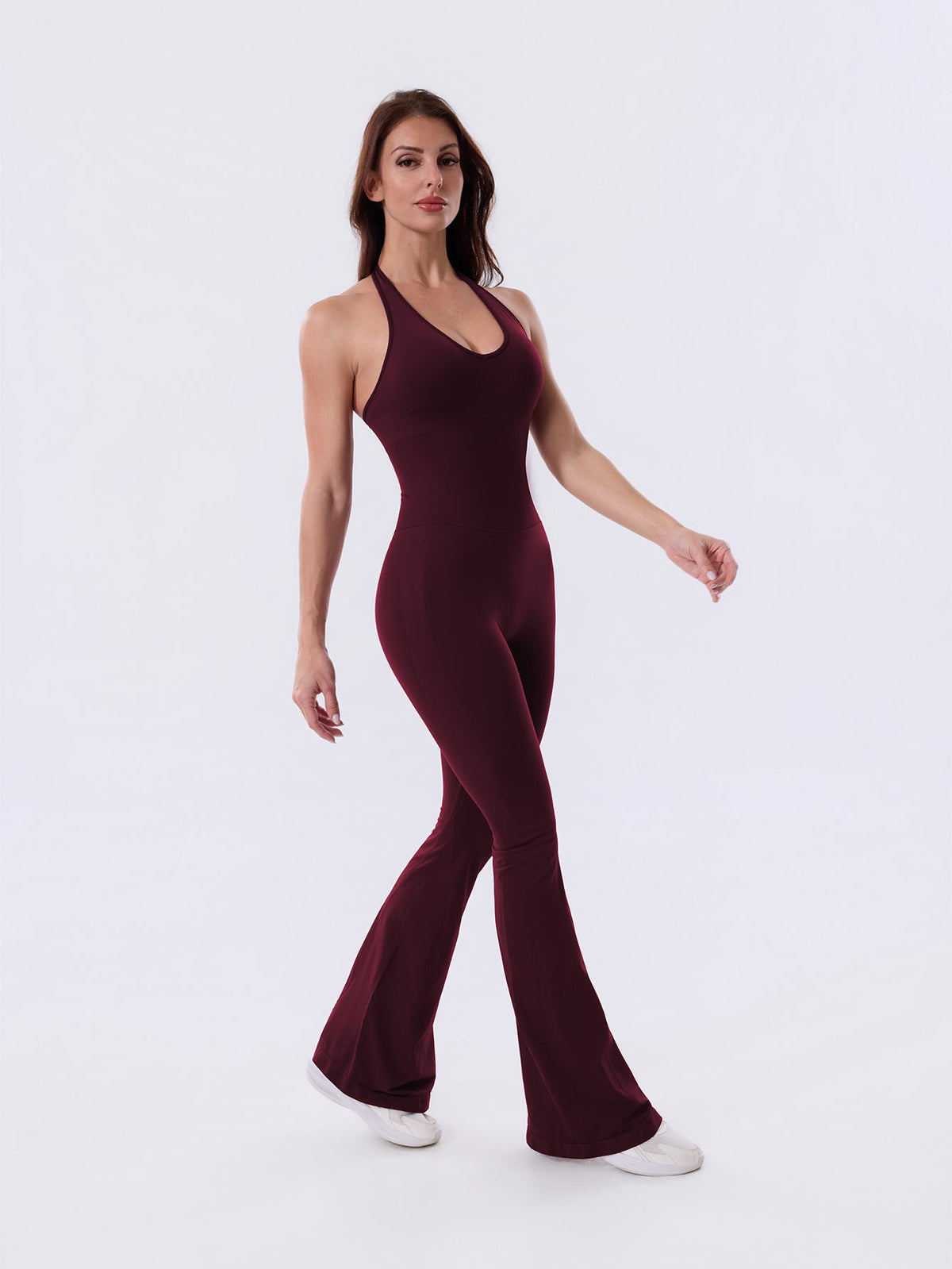 Burgundy Backless Flared Sport Jumpsuit