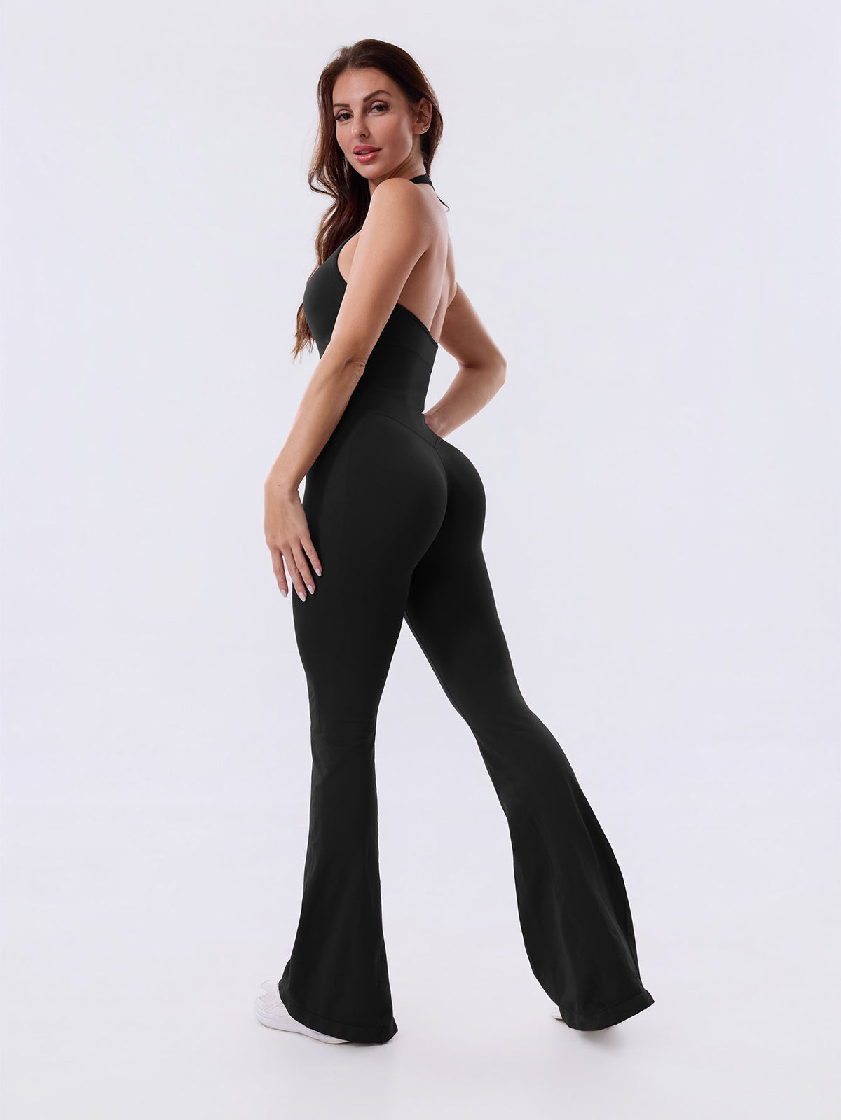 Nior Black Backless Flared Sport Jumpsuit