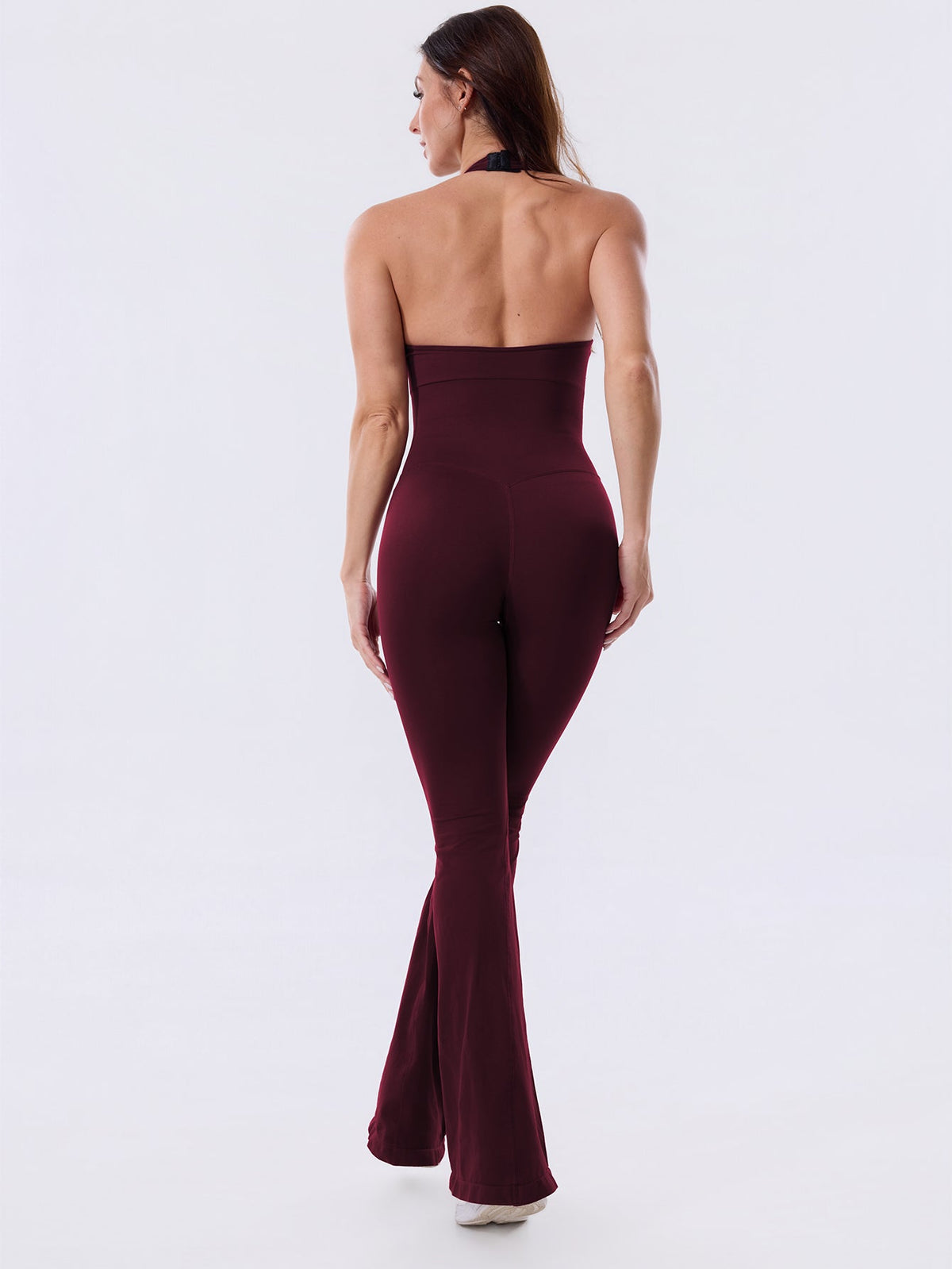 Burgundy Backless Flared Sport Jumpsuit